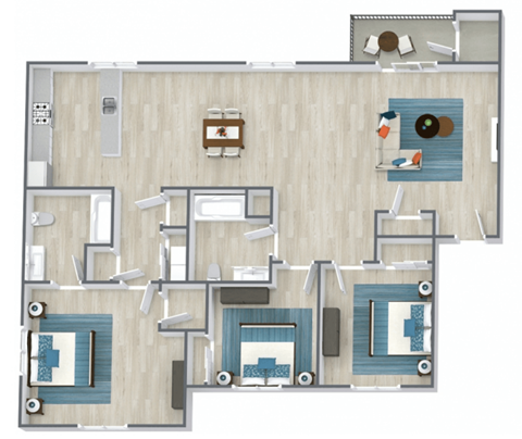 A 3D floor plan of a house with rooms and furniture.